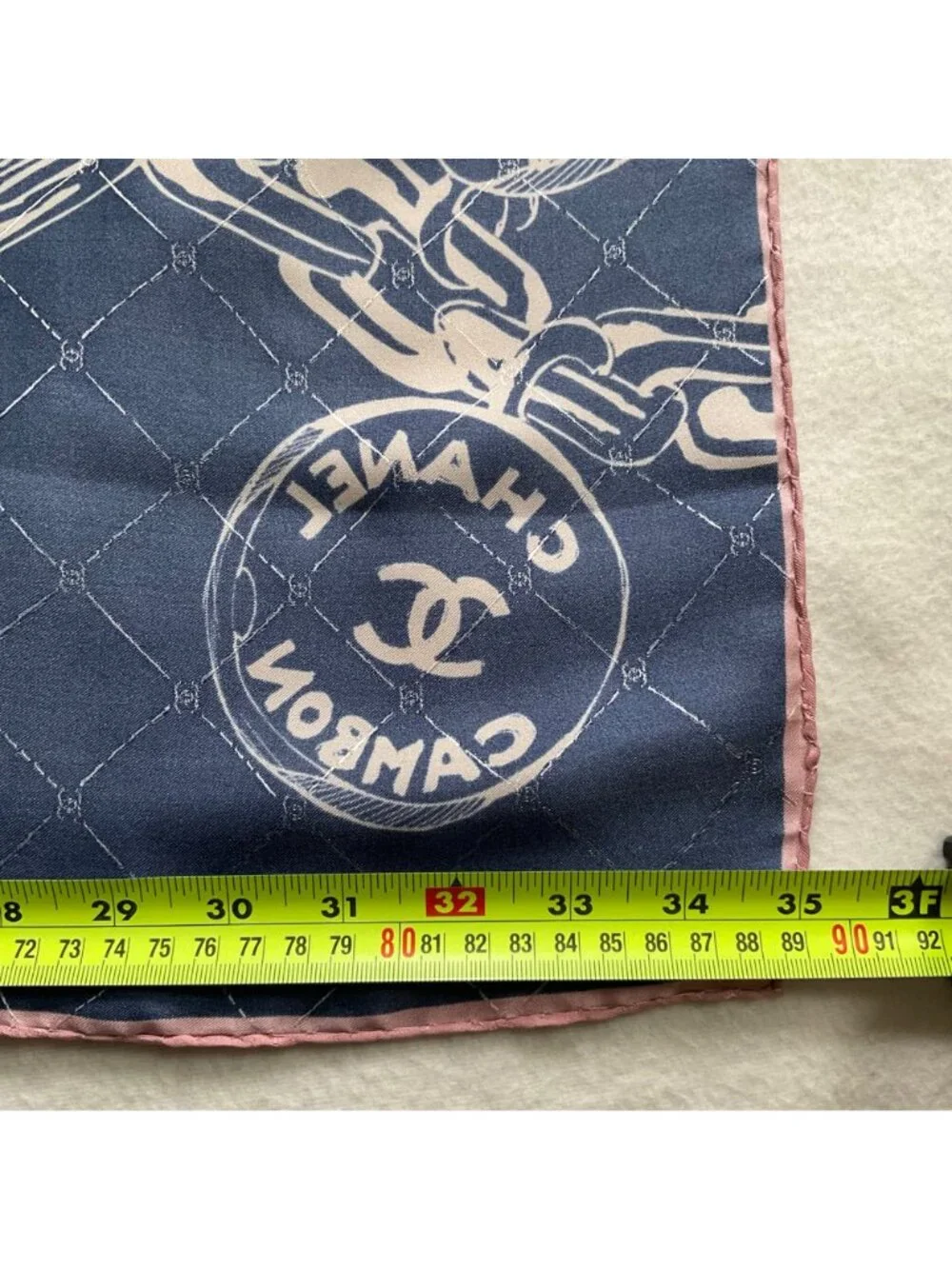 Chanel silk square blue beige scarf 89 by 90 cm purse perfume heel bracelet logo